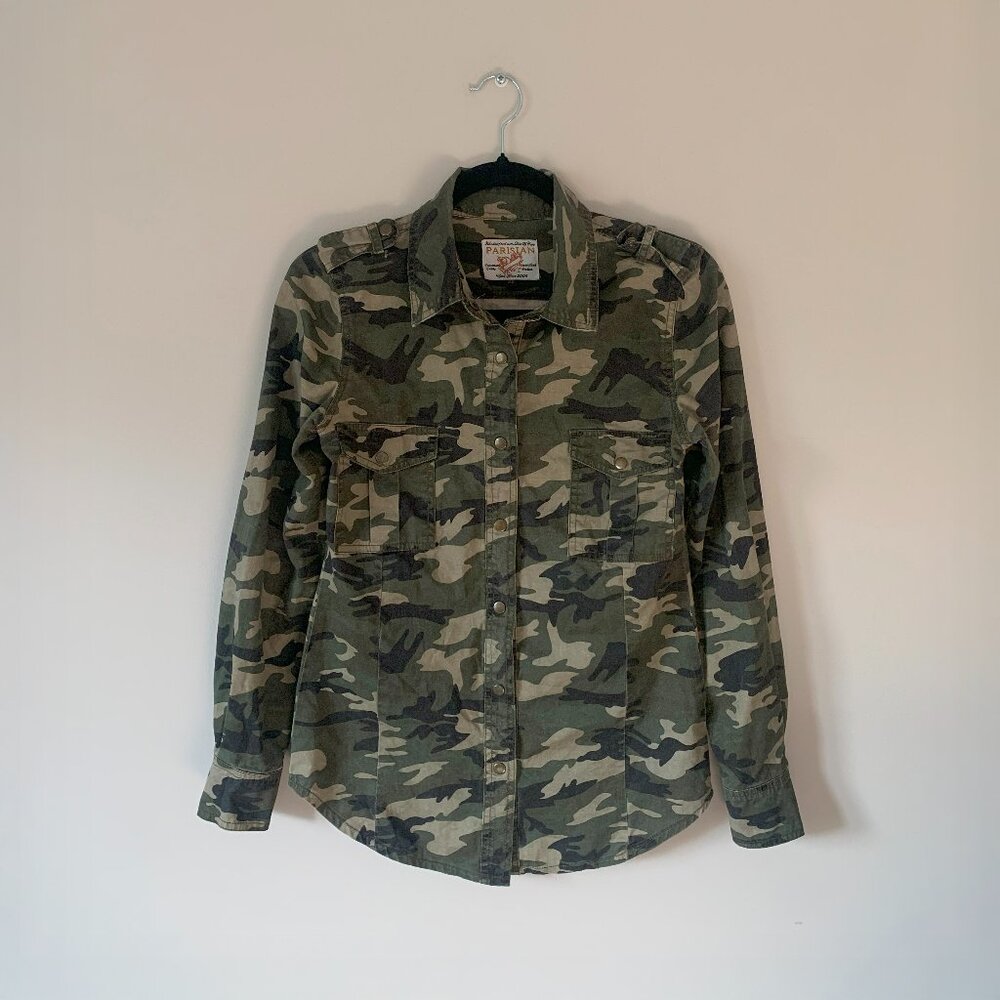 Green Camo Military-Style Epaulettes Button-Up Shirt
